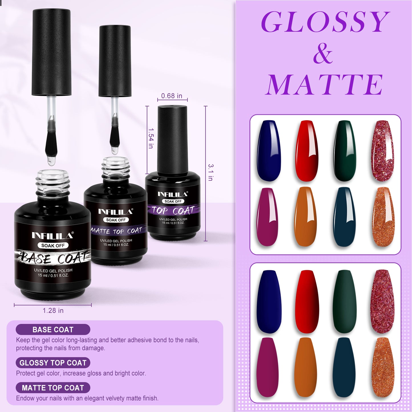 Gel Base and Top Coat Set 15ml 3pcs