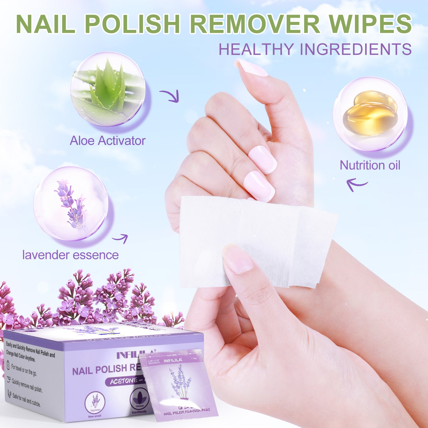 100pcs Lavender Fragrance Nail Polish Remover Pads