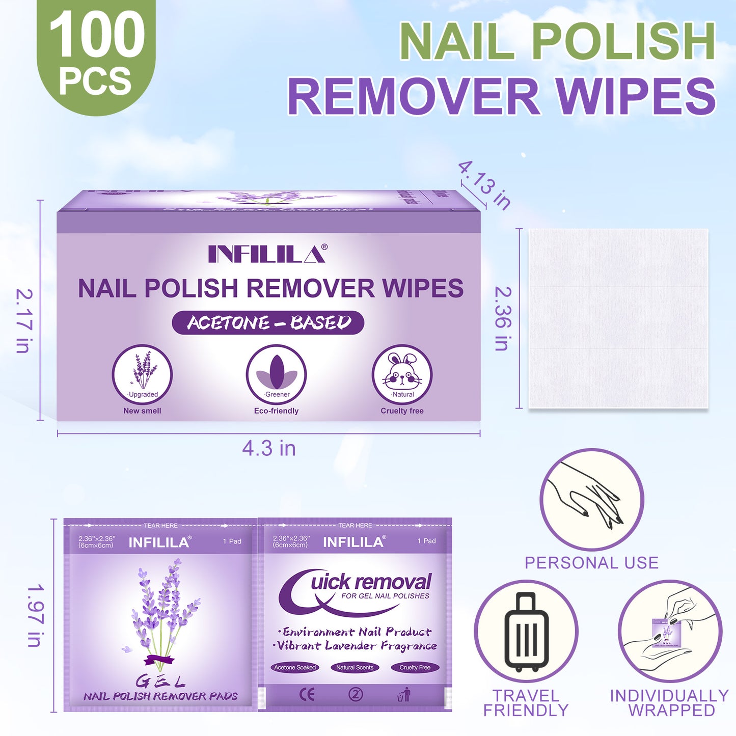 100pcs Lavender Fragrance Nail Polish Remover Pads
