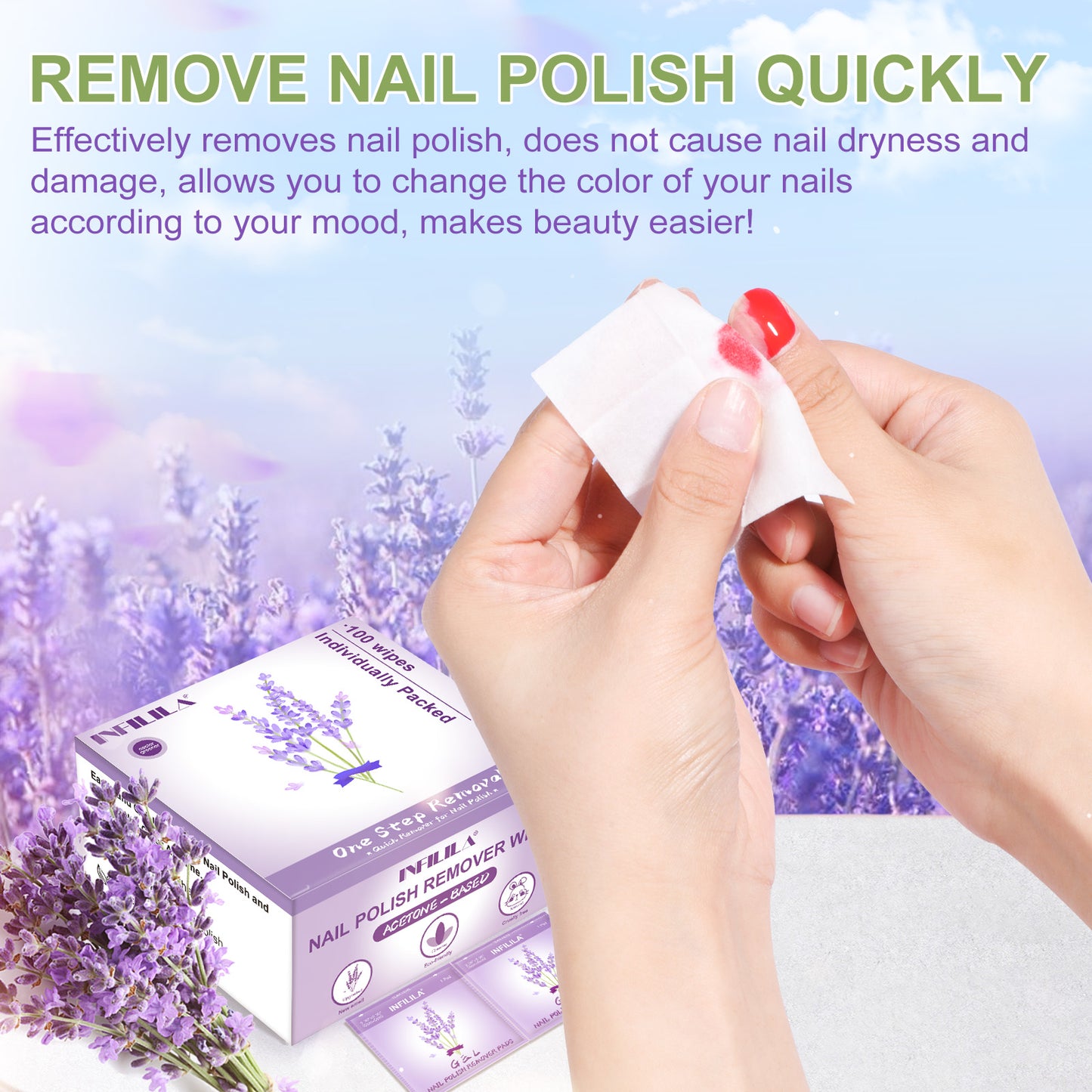 100pcs Lavender Fragrance Nail Polish Remover Pads