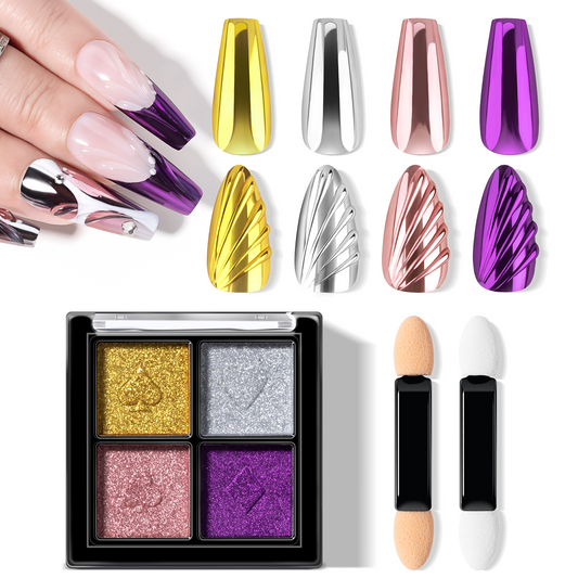 INFILILA Glitter Pearl Chrome Nail Powder Kit, 4 Colors - Gold, Silver, Moonlight White, Iridescent Yellow, Pearl Mermaid Aurora Effect Pigment for Gel Polish, Gift for Women