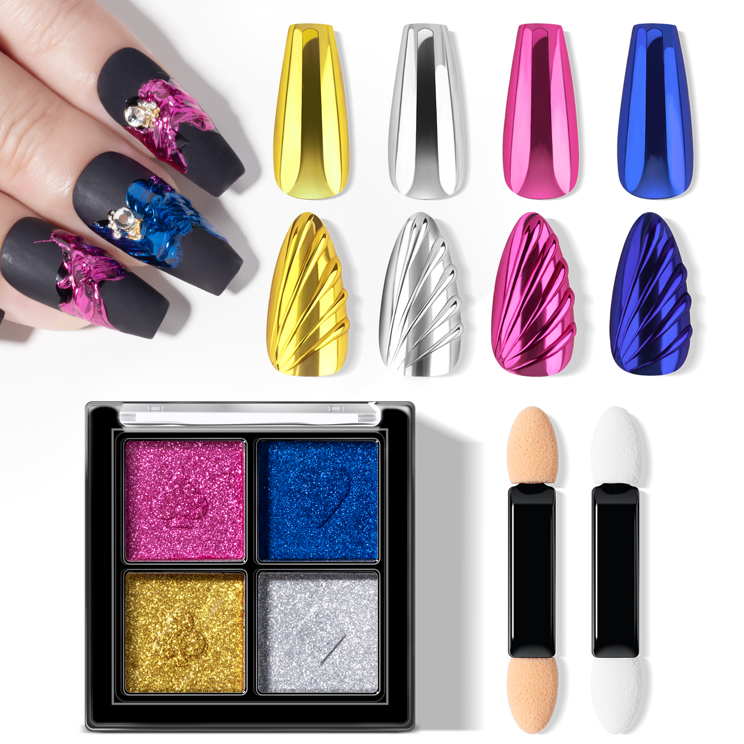 INFILILA Glitter Pearl Chrome Nail Powder Kit, 4 Colors - Gold, Silver, Moonlight White, Iridescent Yellow, Pearl Mermaid Aurora Effect Pigment for Gel Polish, Gift for Women
