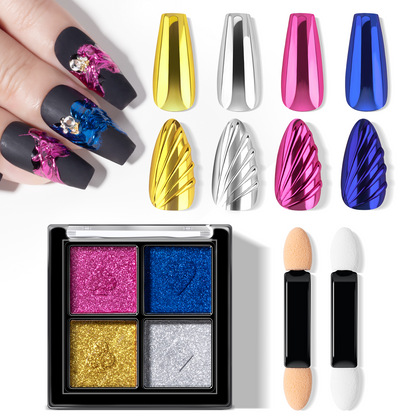 INFILILA Glitter Pearl Chrome Nail Powder Kit, 4 Colors - Gold, Silver, Moonlight White, Iridescent Yellow, Pearl Mermaid Aurora Effect Pigment for Gel Polish, Gift for Women