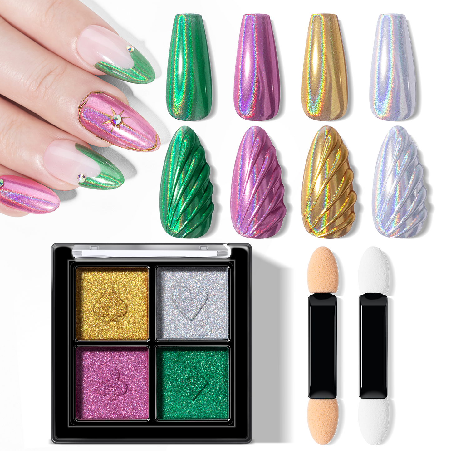 INFILILA Glitter Pearl Chrome Nail Powder Kit, 4 Colors - Gold, Silver, Moonlight White, Iridescent Yellow, Pearl Mermaid Aurora Effect Pigment for Gel Polish, Gift for Women