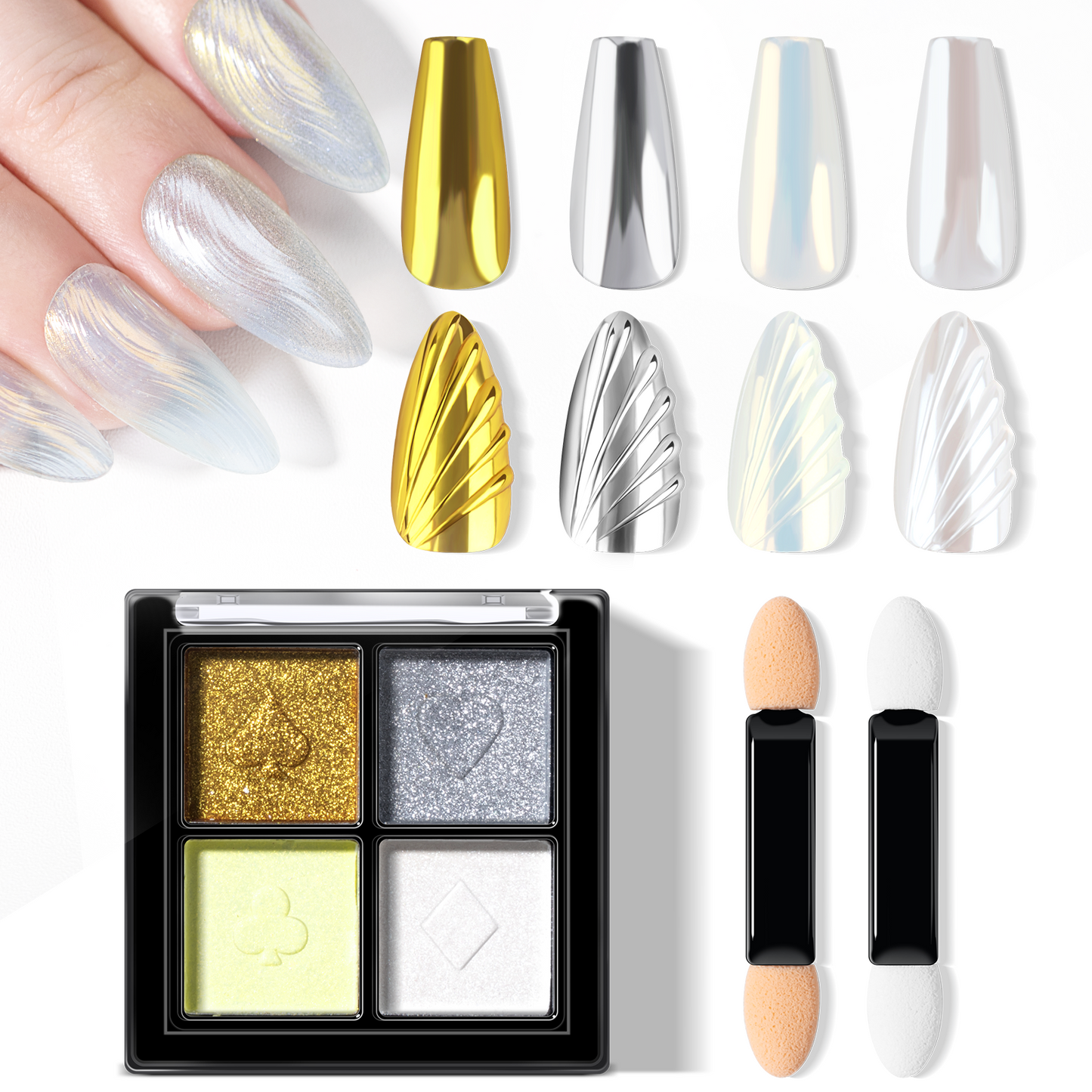 INFILILA Glitter Pearl Chrome Nail Powder Kit, 4 Colors - Gold, Silver, Moonlight White, Iridescent Yellow, Pearl Mermaid Aurora Effect Pigment for Gel Polish, Gift for Women