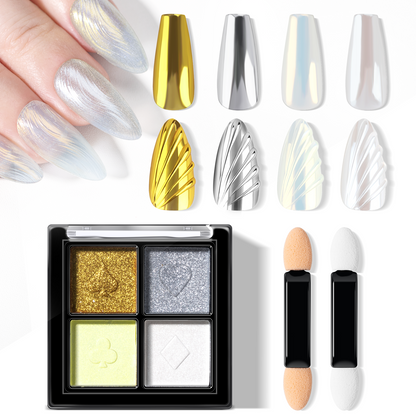INFILILA Glitter Pearl Chrome Nail Powder Kit, 4 Colors - Gold, Silver, Moonlight White, Iridescent Yellow, Pearl Mermaid Aurora Effect Pigment for Gel Polish, Gift for Women