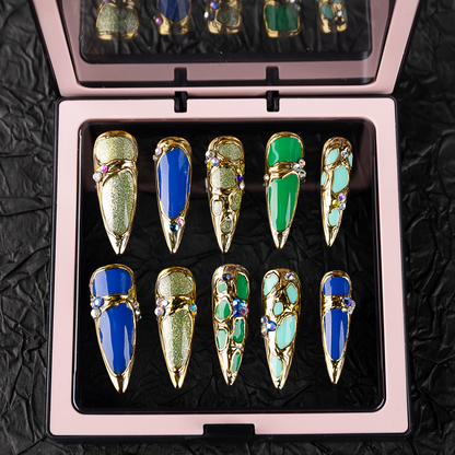 Mystic Queen | 3D Carved Art Handcrafted Press On Nails with Mirror Palace Gift Box