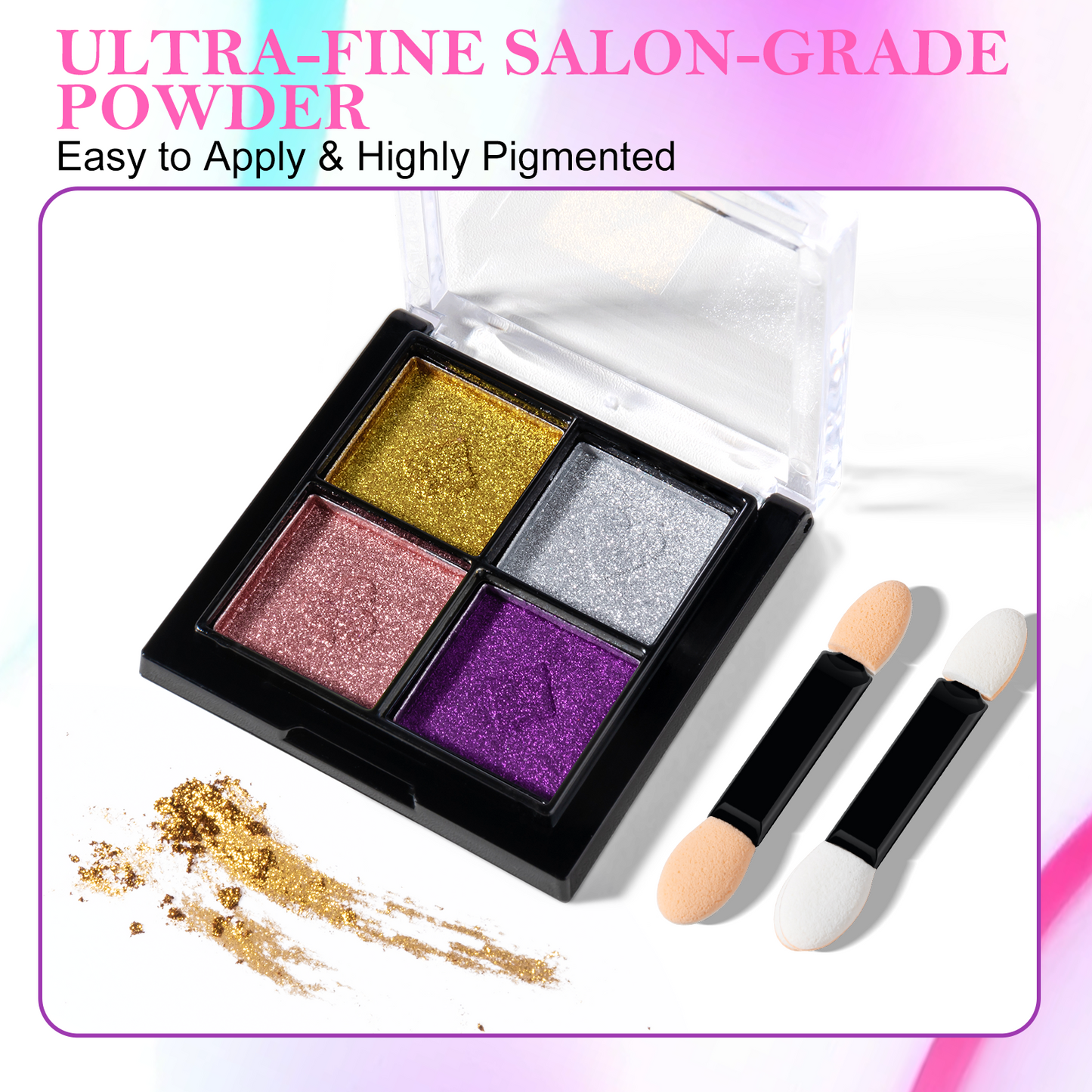 INFILILA Glitter Pearl Chrome Nail Powder Kit, 4 Colors - Gold, Silver, Moonlight White, Iridescent Yellow, Pearl Mermaid Aurora Effect Pigment for Gel Polish, Gift for Women