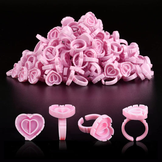 Glue Rings for Eyelash Extensions 100PCS Disposable Rings For Lashes Lovely Heart Shape, Makeup Plastic Nail Art Glue Cups Lash Extension Supplies for Eyelash Extensions