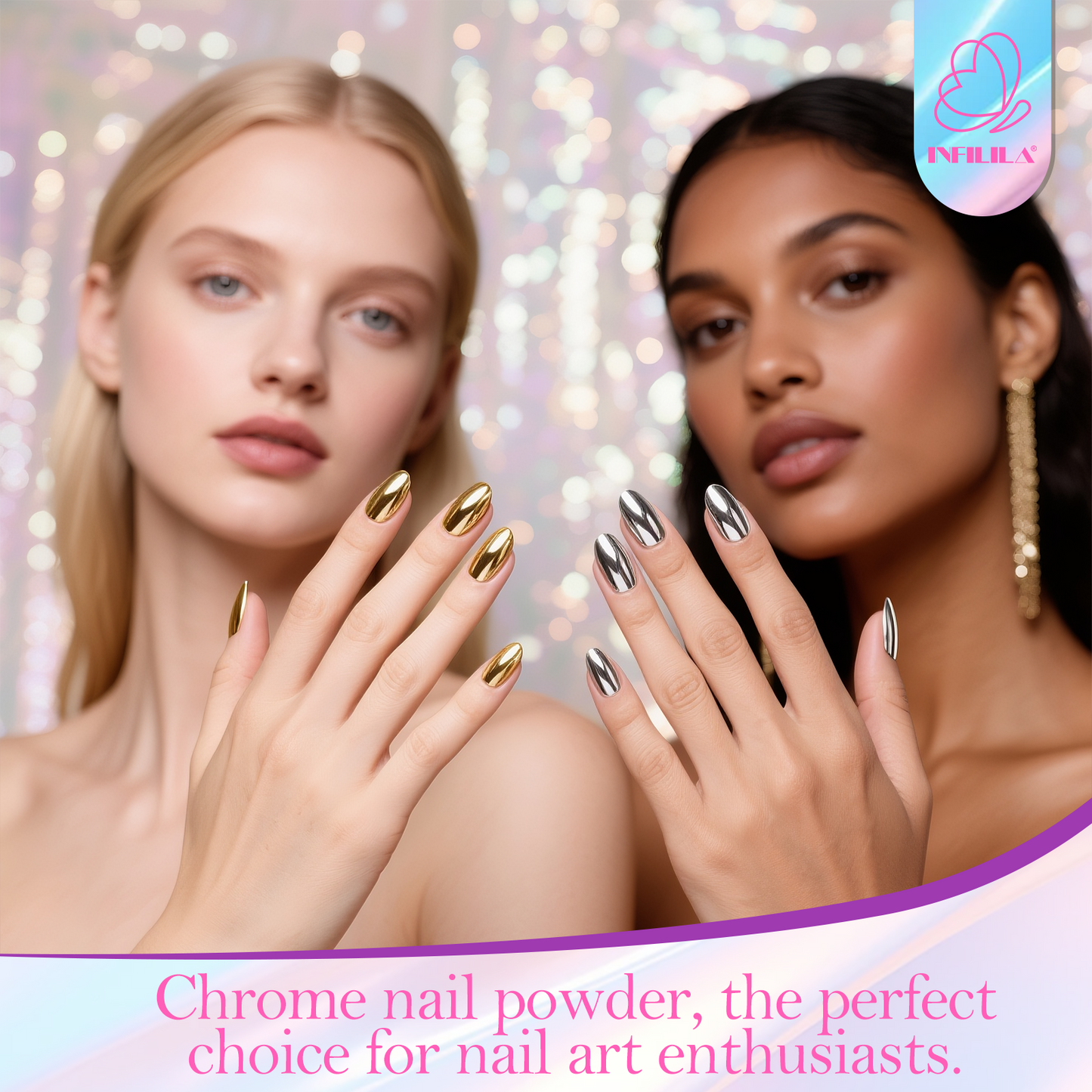INFILILA Glitter Pearl Chrome Nail Powder Kit, 4 Colors - Gold, Silver, Moonlight White, Iridescent Yellow, Pearl Mermaid Aurora Effect Pigment for Gel Polish, Gift for Women